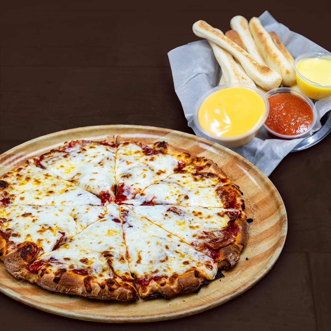 One Large Hand-Tossed Pizza with up to 2-toppings and a regular order of breadsticks with single dipping sauce.